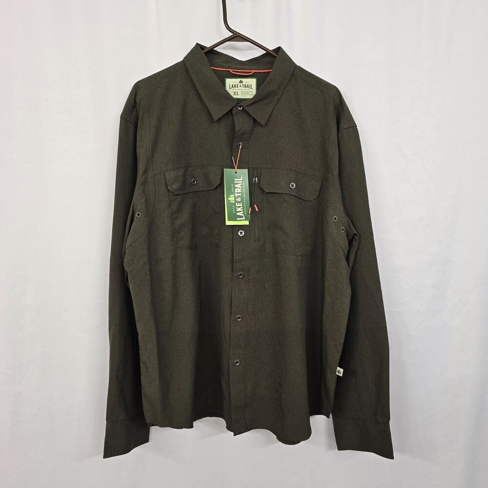 Lake & Trail Woven Long Sleeve Button Down Shirt Men's XL Olive Green UPF 30 NWT